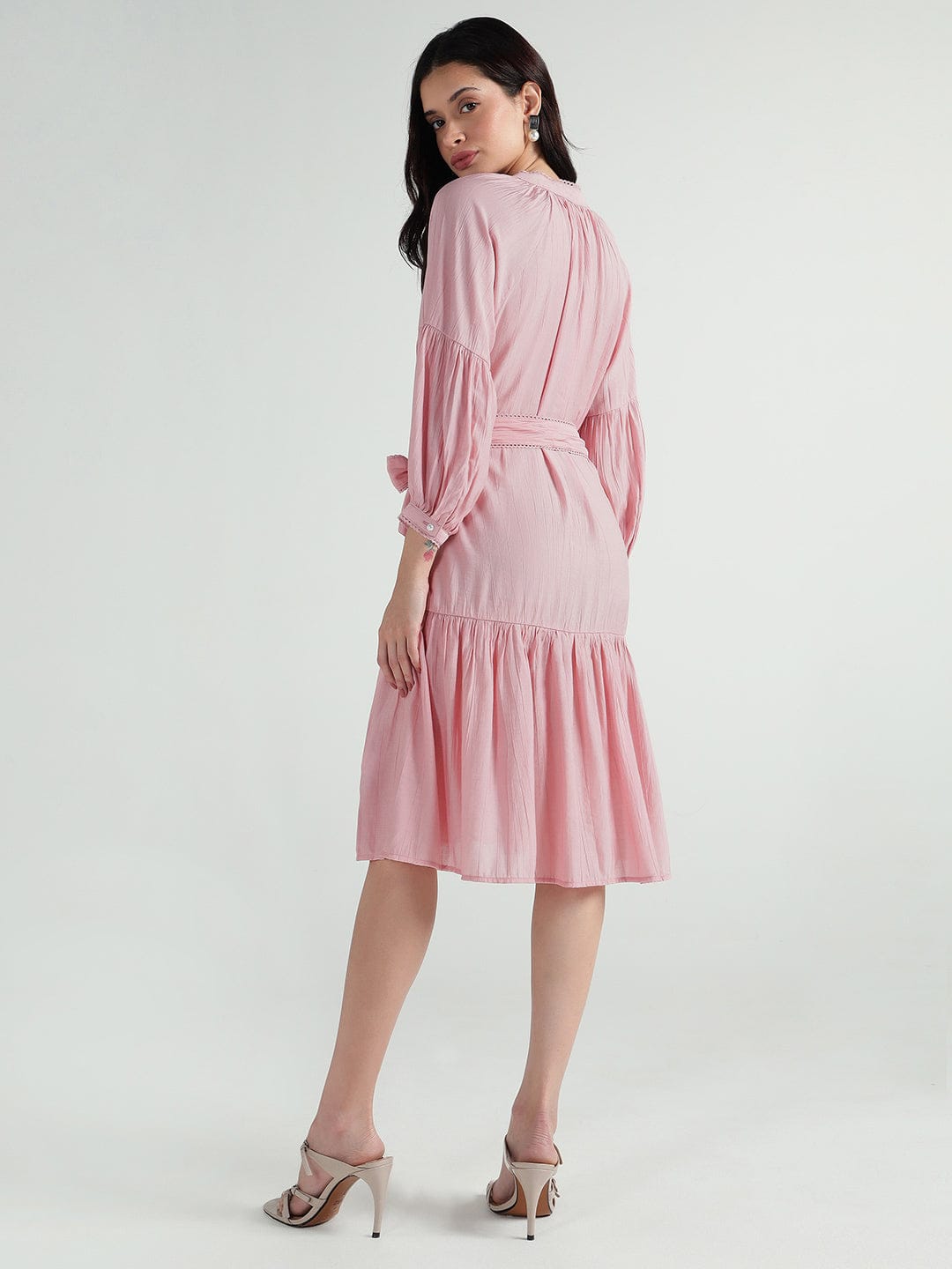 Elle Women Pink Plain Band Collar Dress