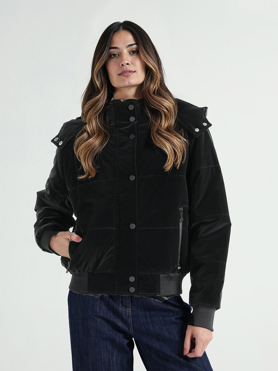 Elle Women Black Quilted Hooded Jacket