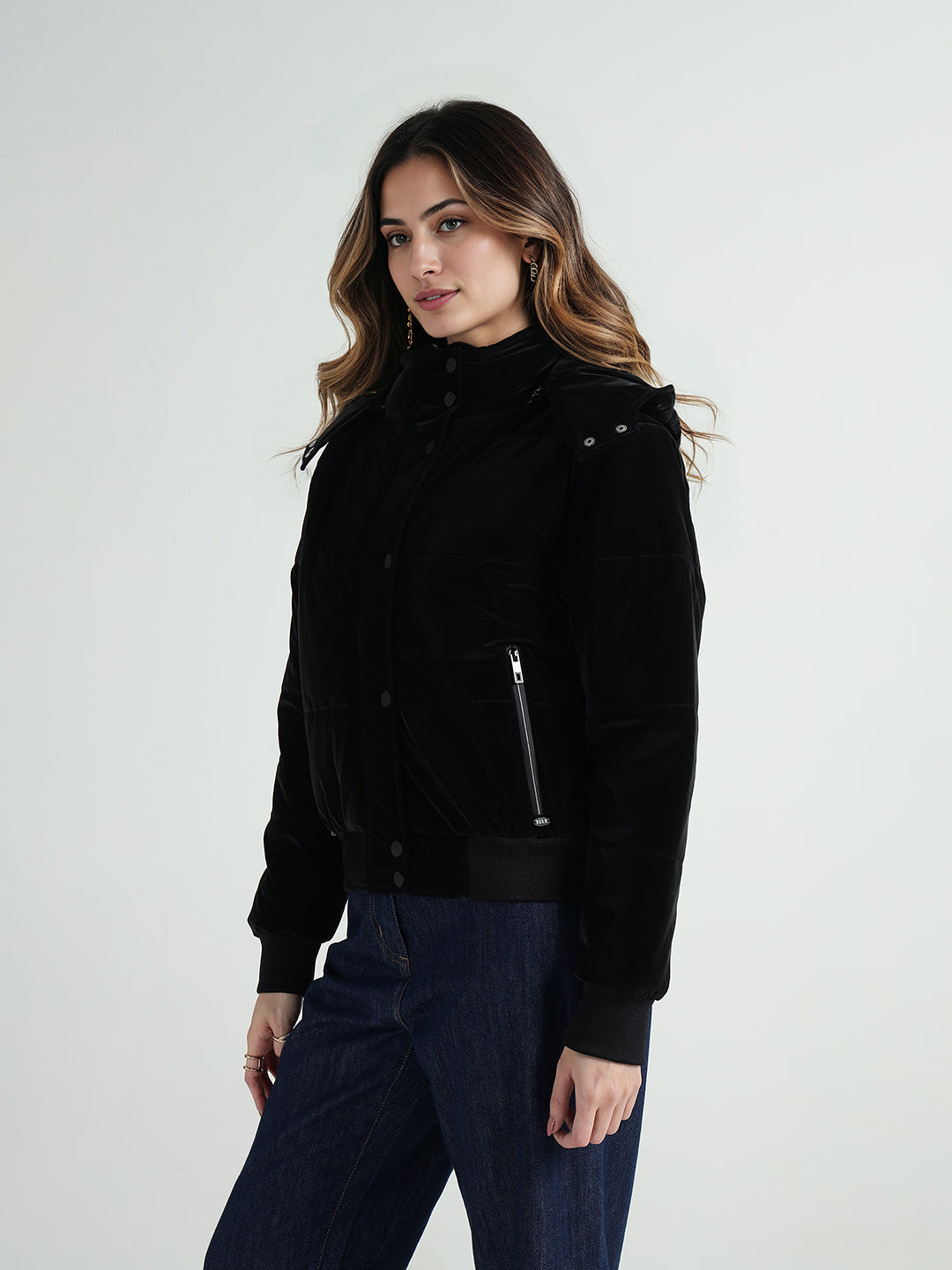 Elle Women Black Quilted Hooded Jacket