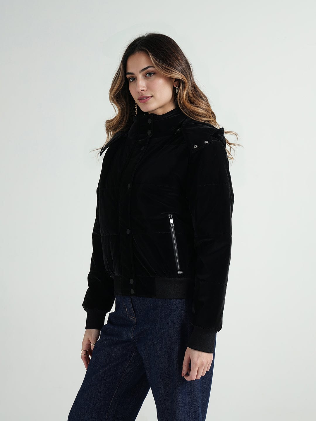 Elle Women Black Quilted Hooded Jacket
