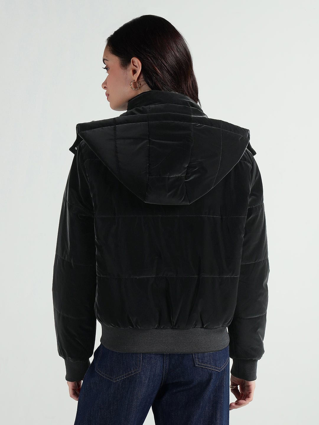 Elle Women Black Quilted Hooded Jacket