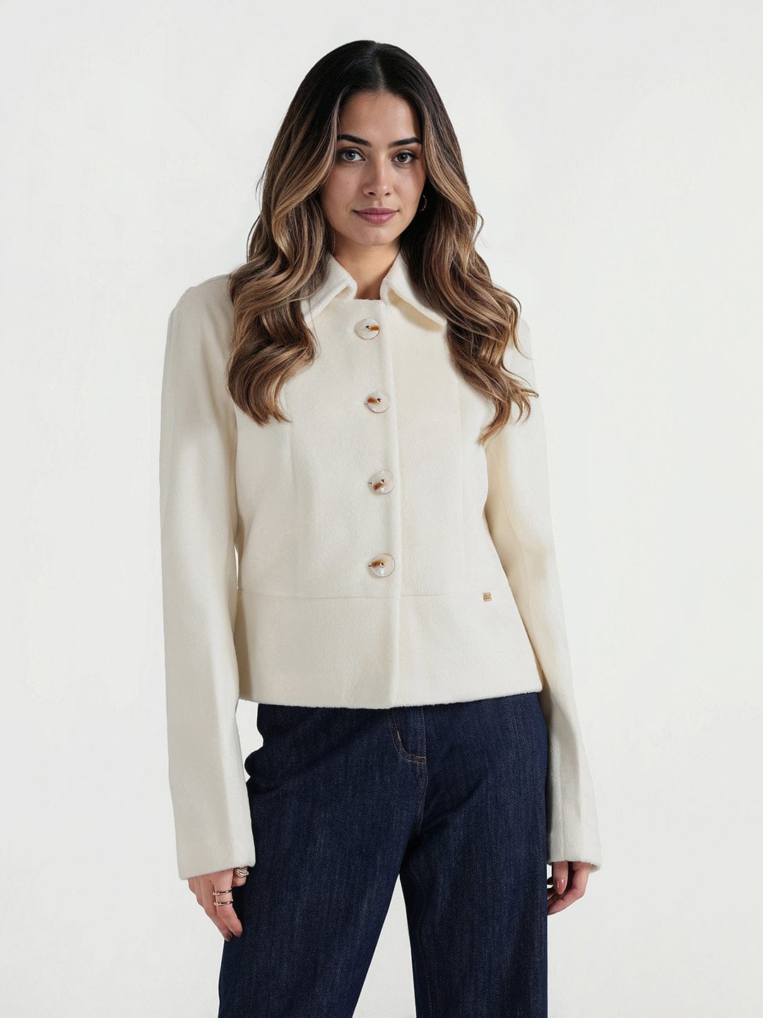 Elle Women Cream Solid Collar Jacket