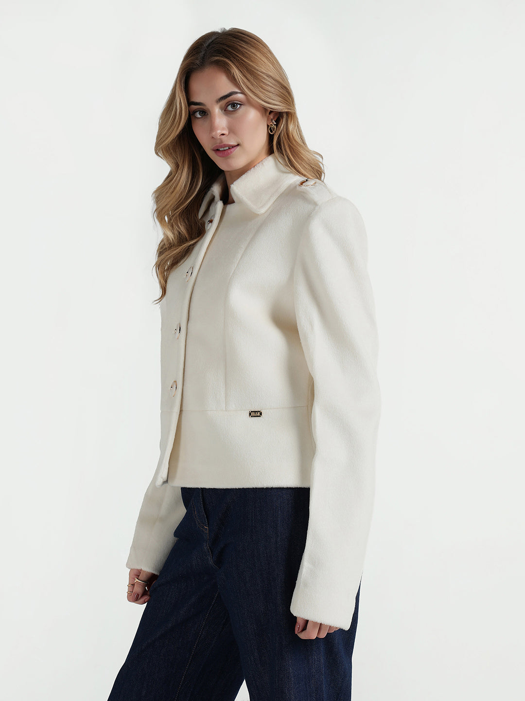Elle Women Cream Solid Collar Jacket