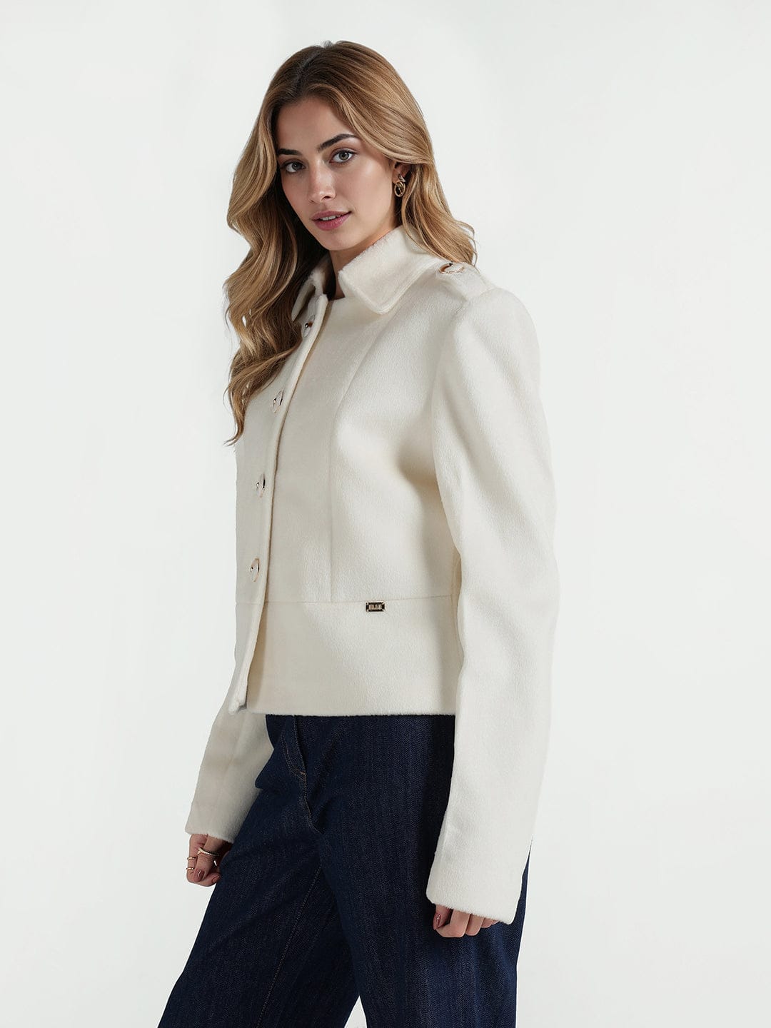 Elle Women Cream Solid Collar Jacket