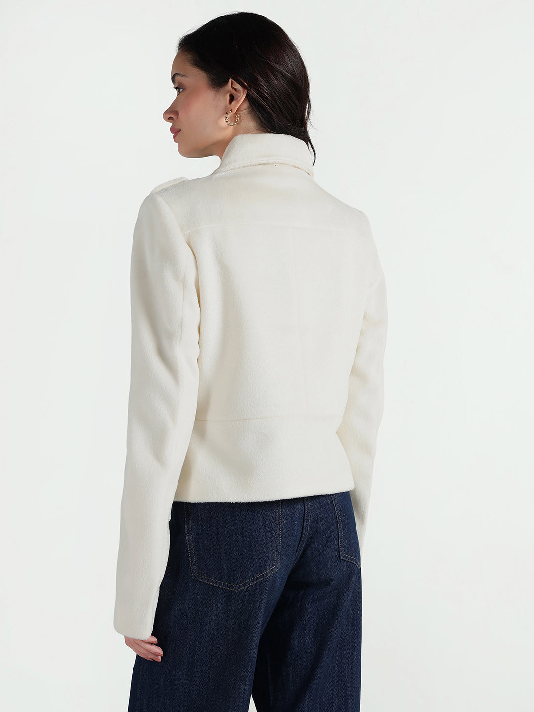 Elle Women Cream Solid Collar Jacket