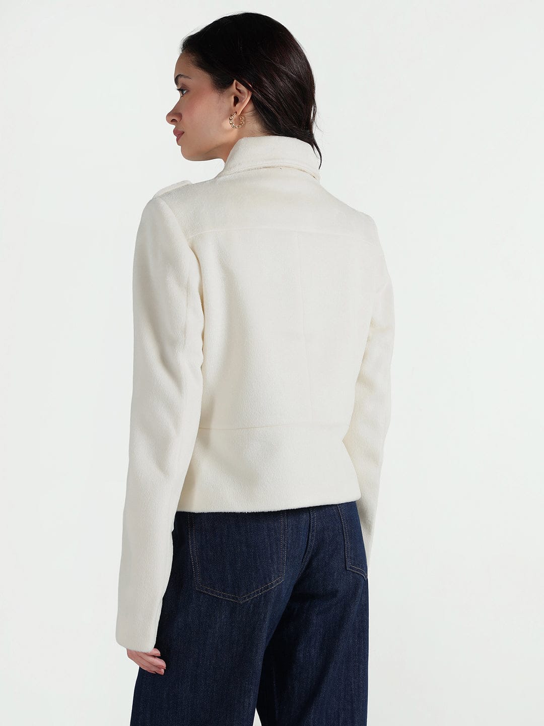 Elle Women Cream Solid Collar Jacket