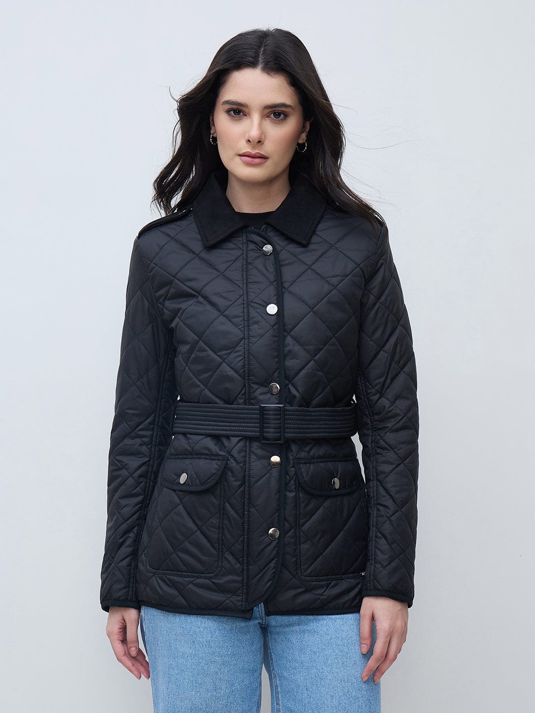 Elle Women Black Solid Collared Jacket