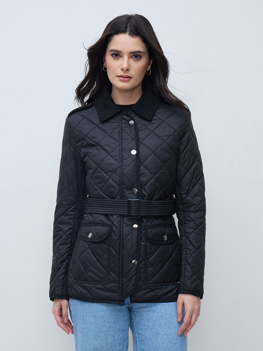 Elle Women Black Solid Collared Jacket