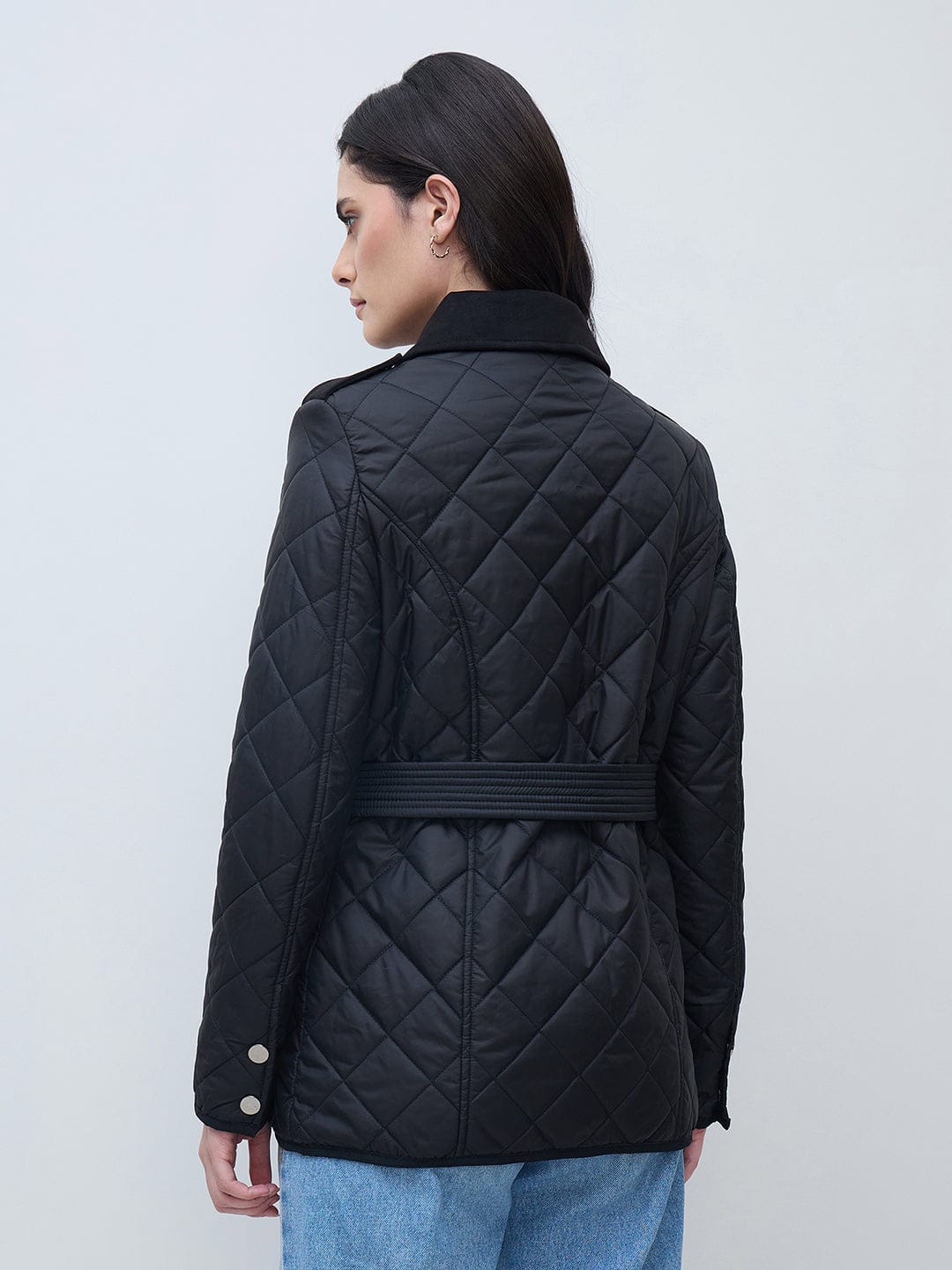 Elle Women Black Solid Collared Jacket