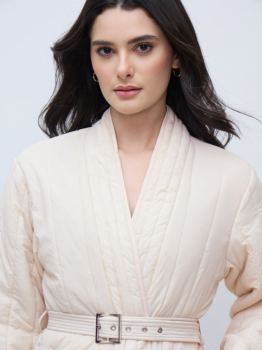 Elle Women Cream Solid V Neck Jacket