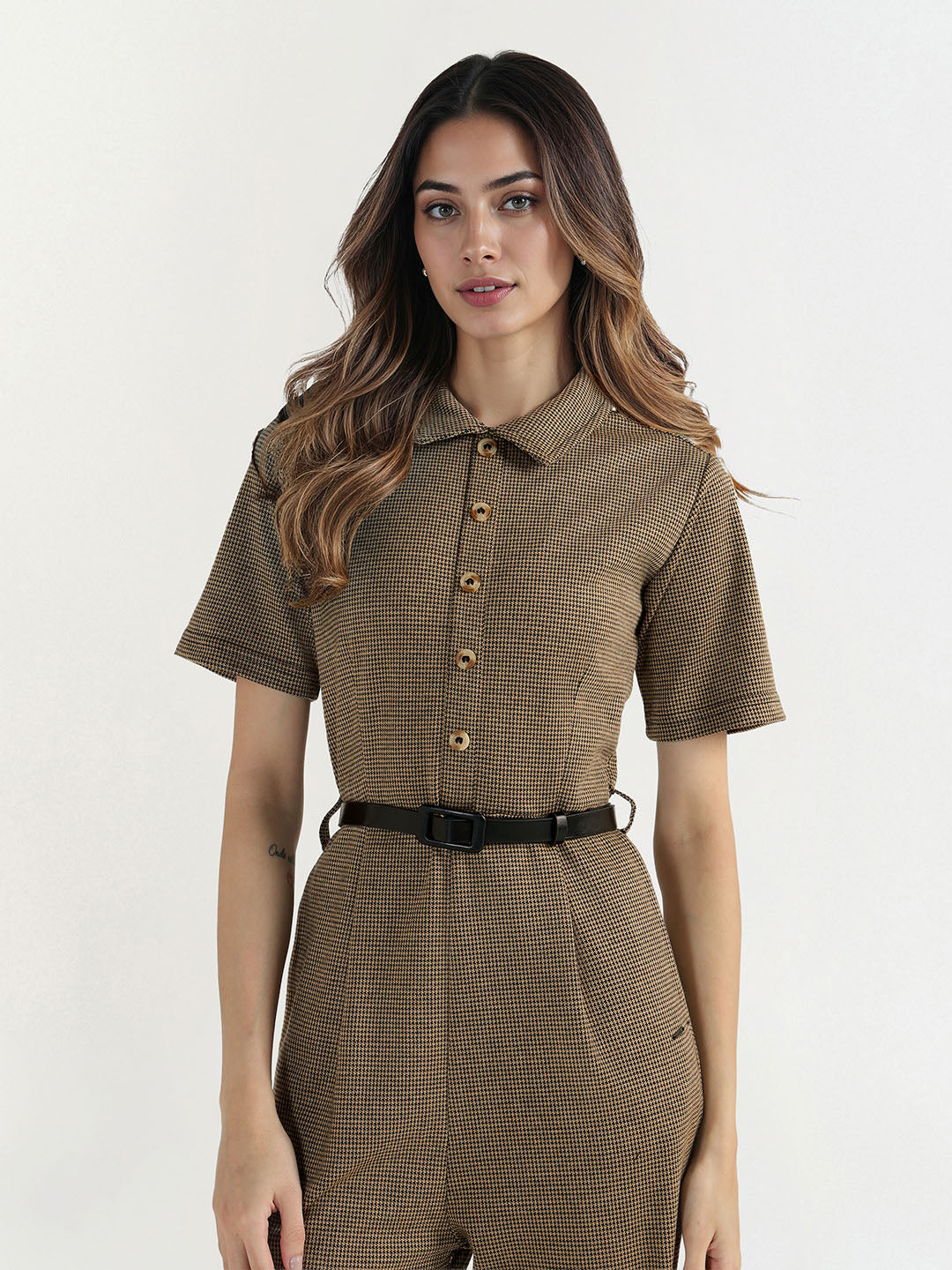 Elle Women Multi Houndstooth Collar Jumpsuit