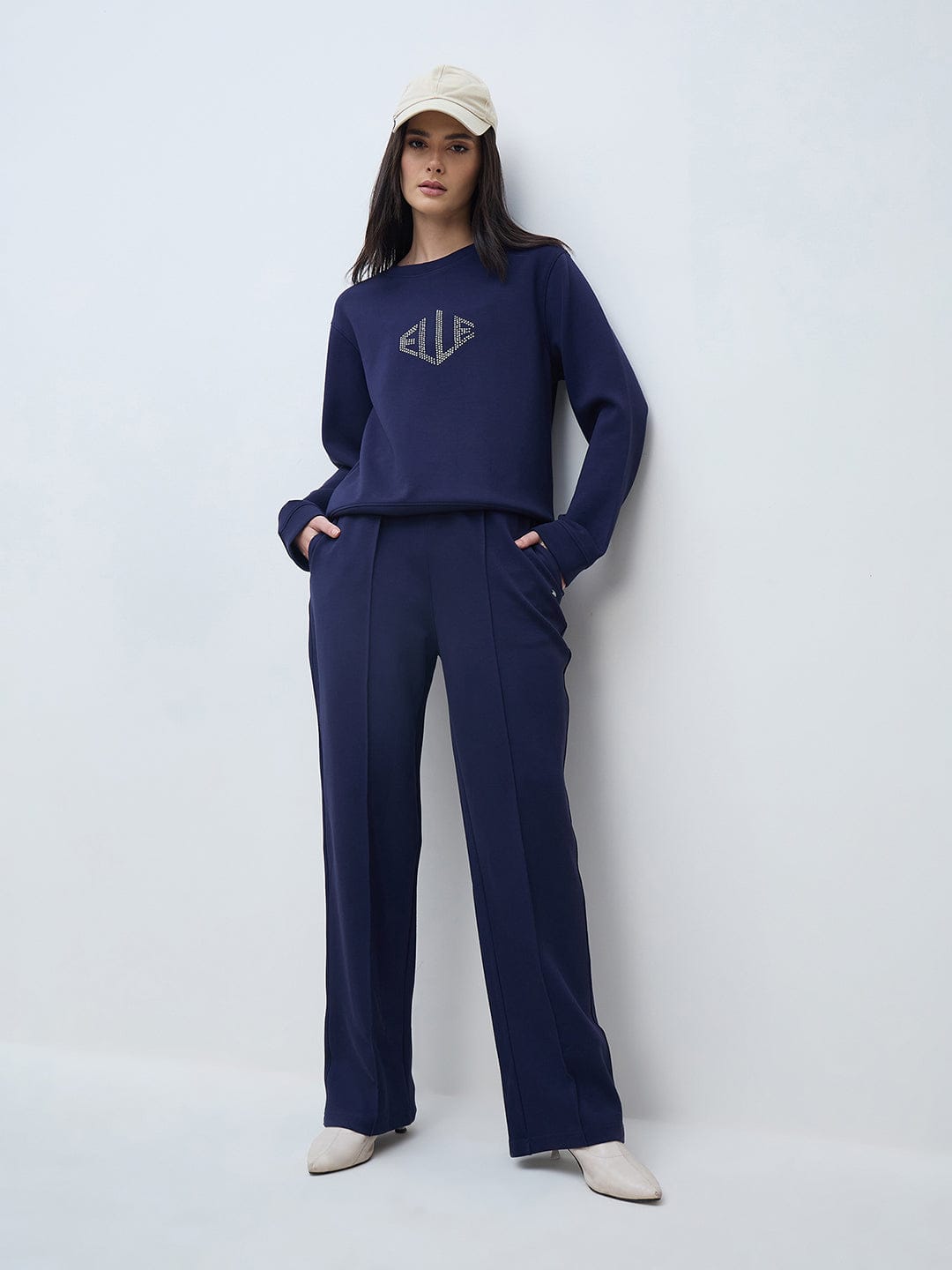 Elle Women Navy Blue Solid Sweat Pant