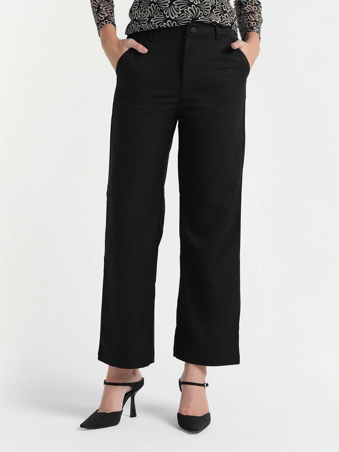Elle Women Black Regular Fit Plain Trouser