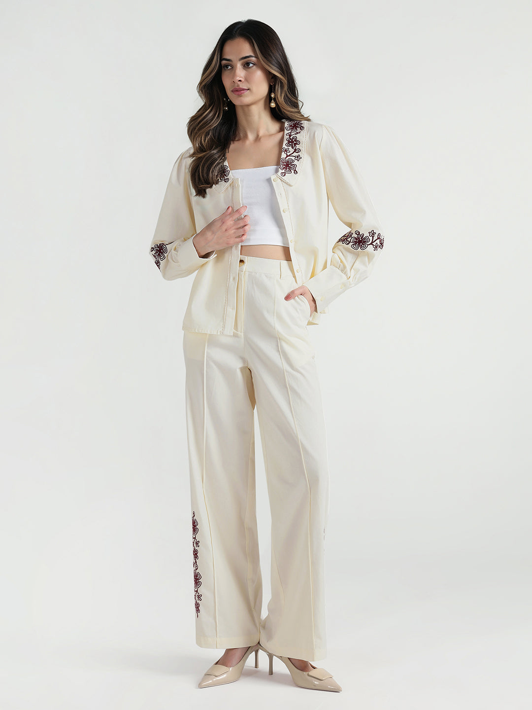 Elle Women Cream Fit And Flare Embroidered Trouser