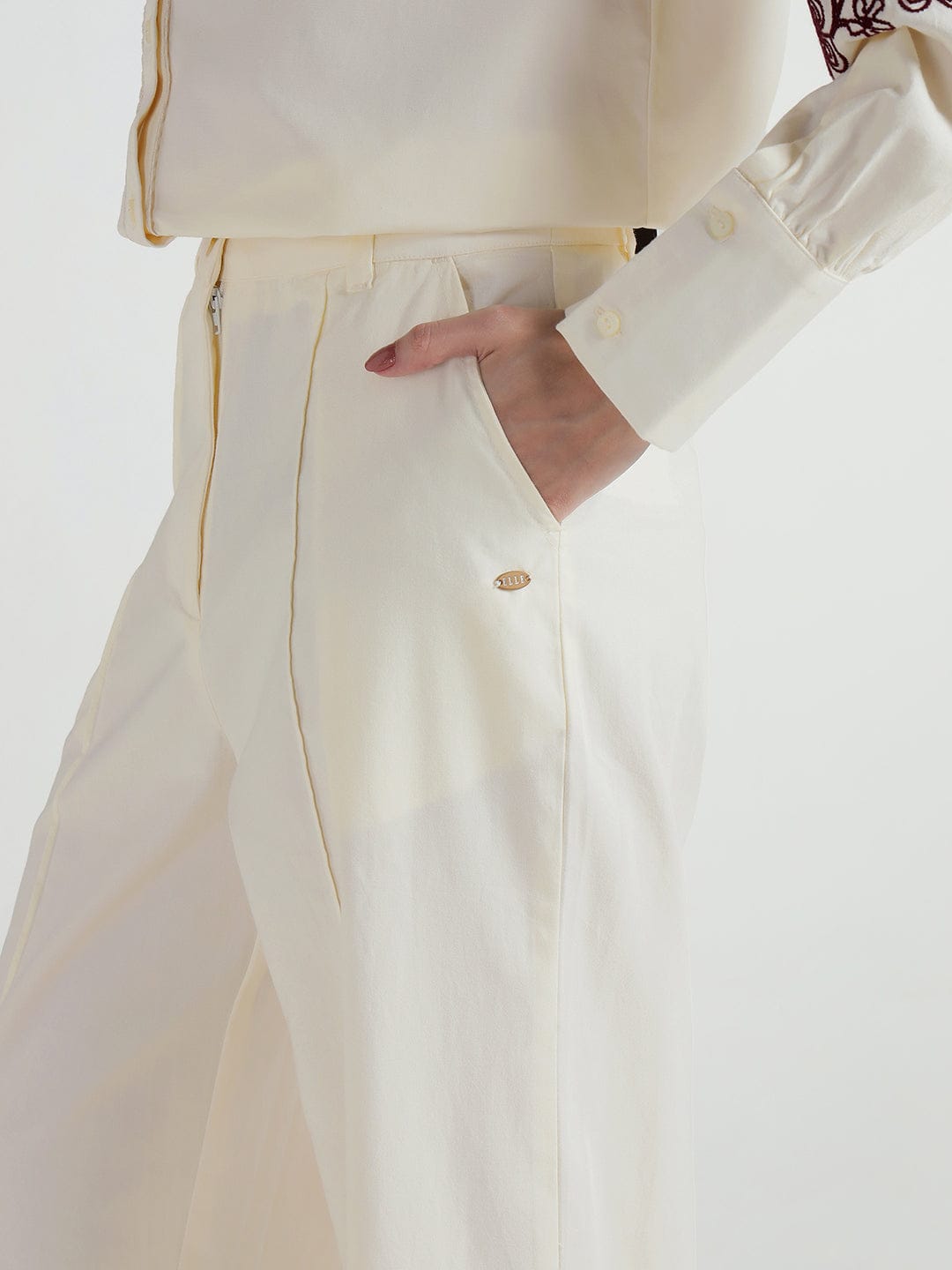 Elle Women Cream Fit And Flare Embroidered Trouser