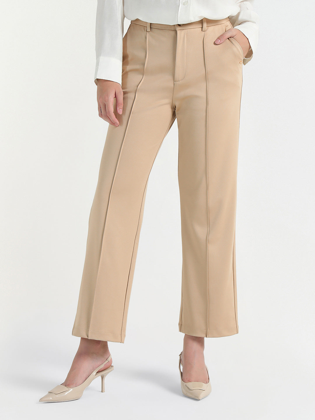 Elle Women Cream Regular Fit Solid Trouser
