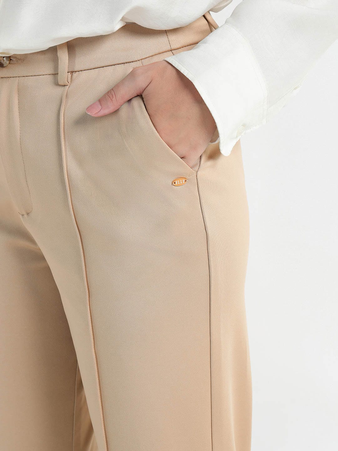 Elle Women Cream Regular Fit Solid Trouser