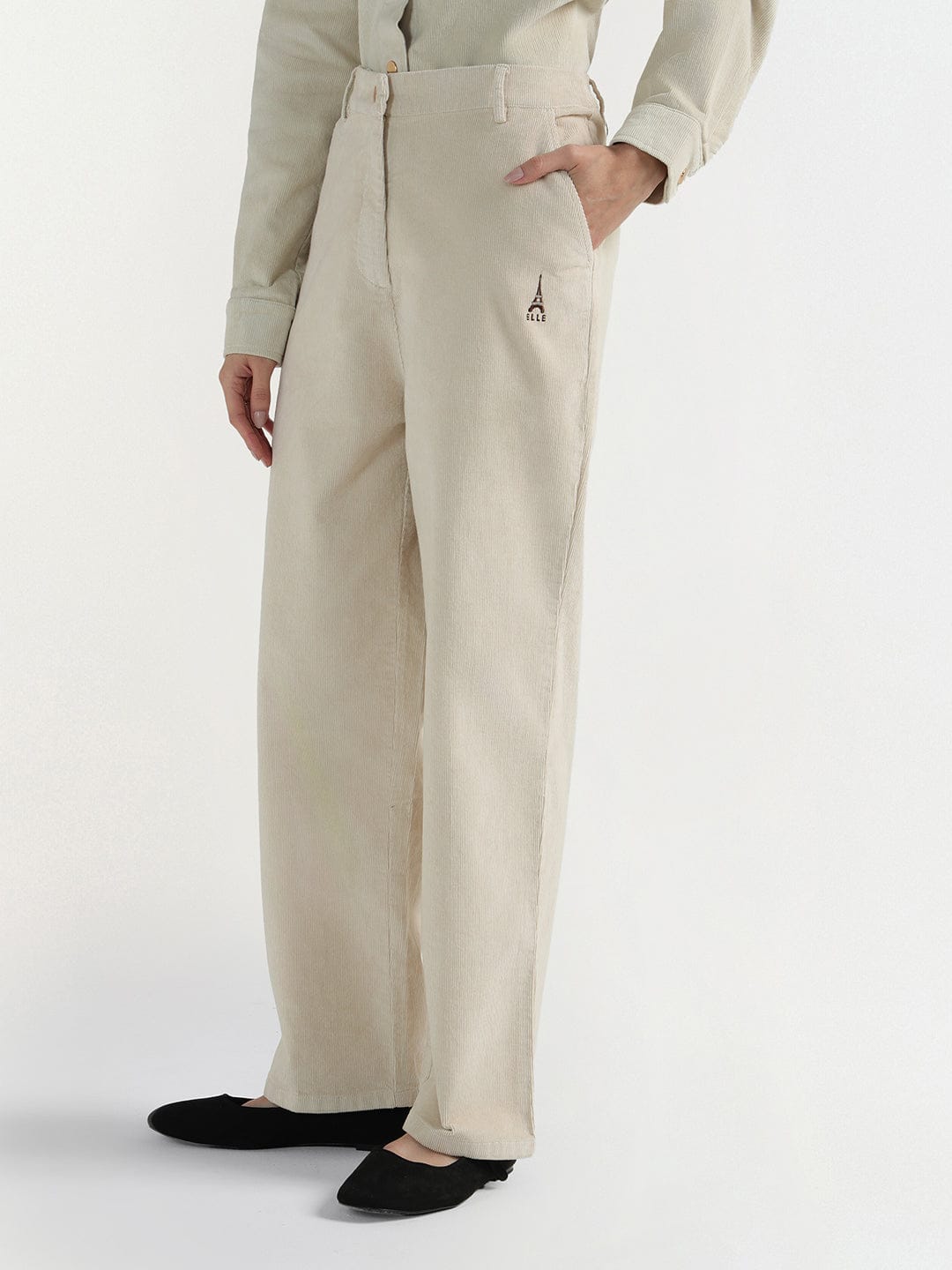 Elle Women Cream Regular Fit Solid Trouser