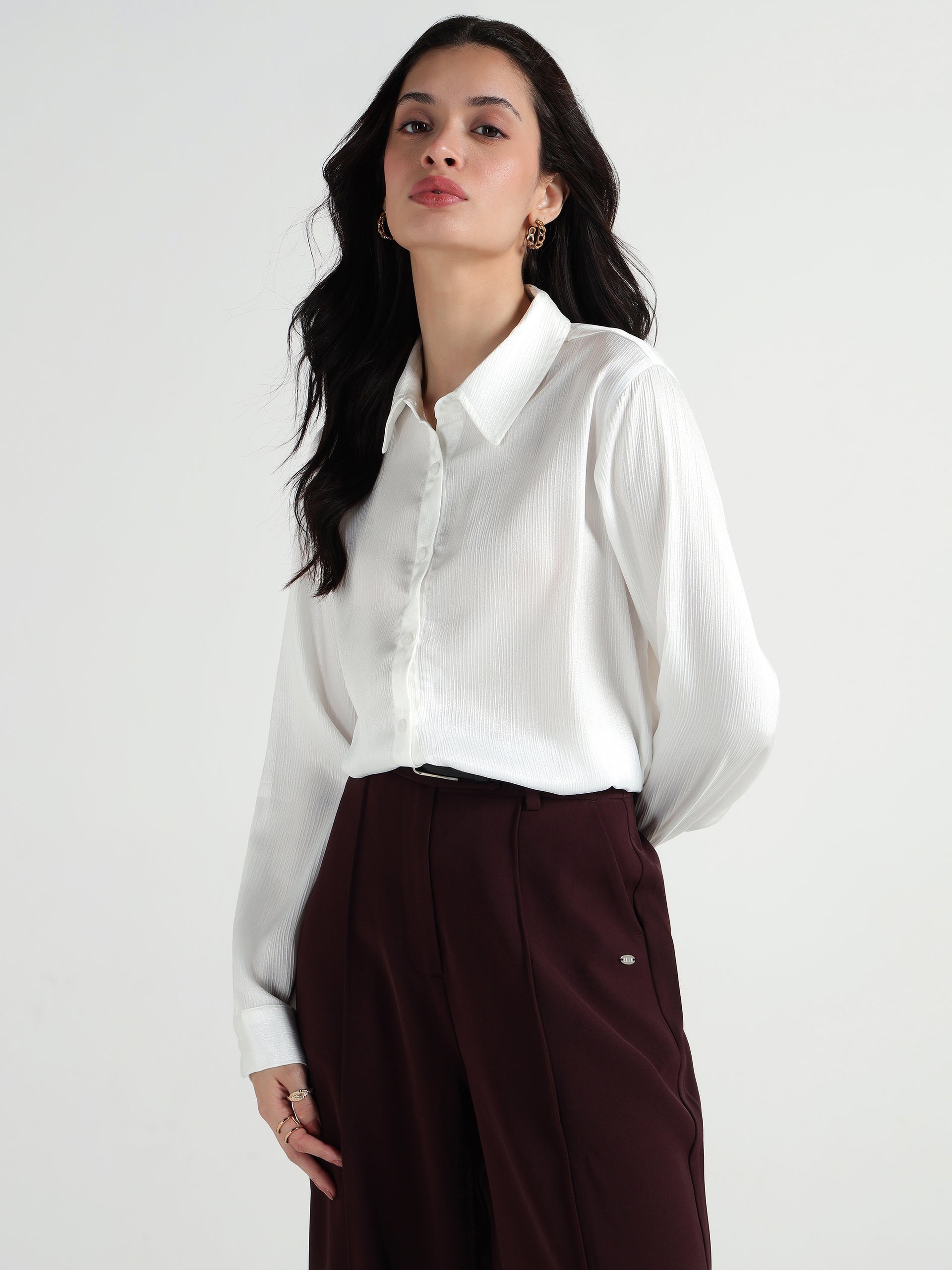Elle Women White Plain Collar Shirt