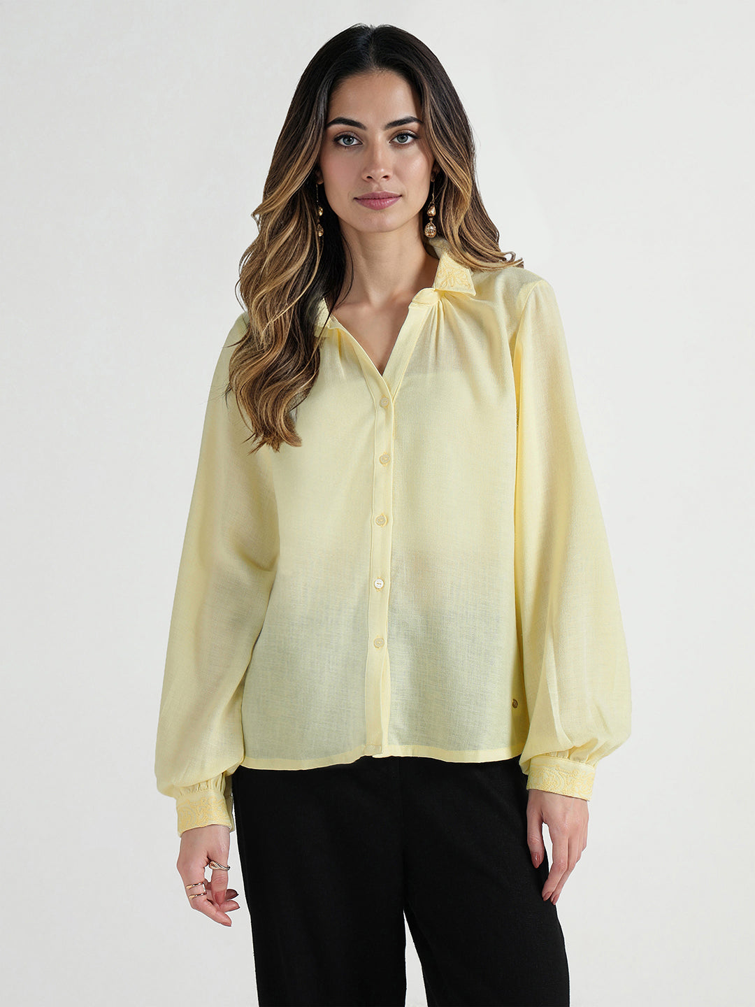 Elle Women Yellow Embroidered Collar Shirt