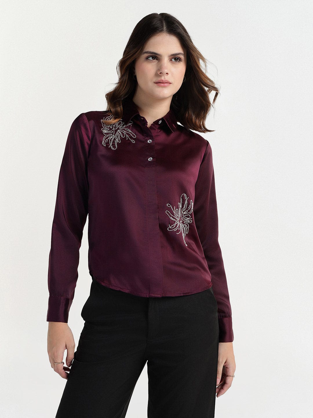 Elle Women Red Embellished Collar Shirt