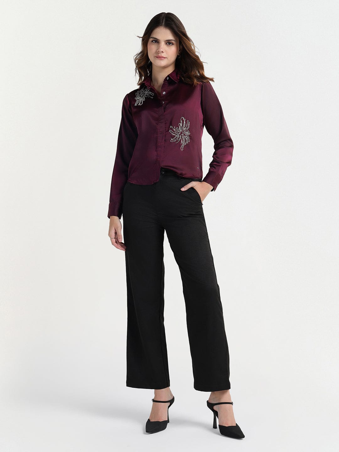 Elle Women Red Embellished Collar Shirt