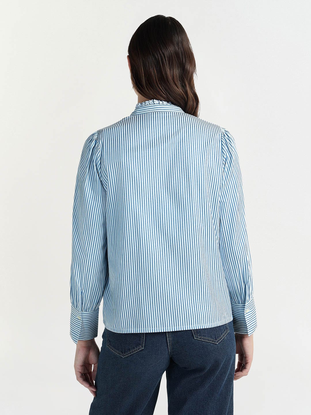 Elle Women White Striped Ruffle Neck Shirt