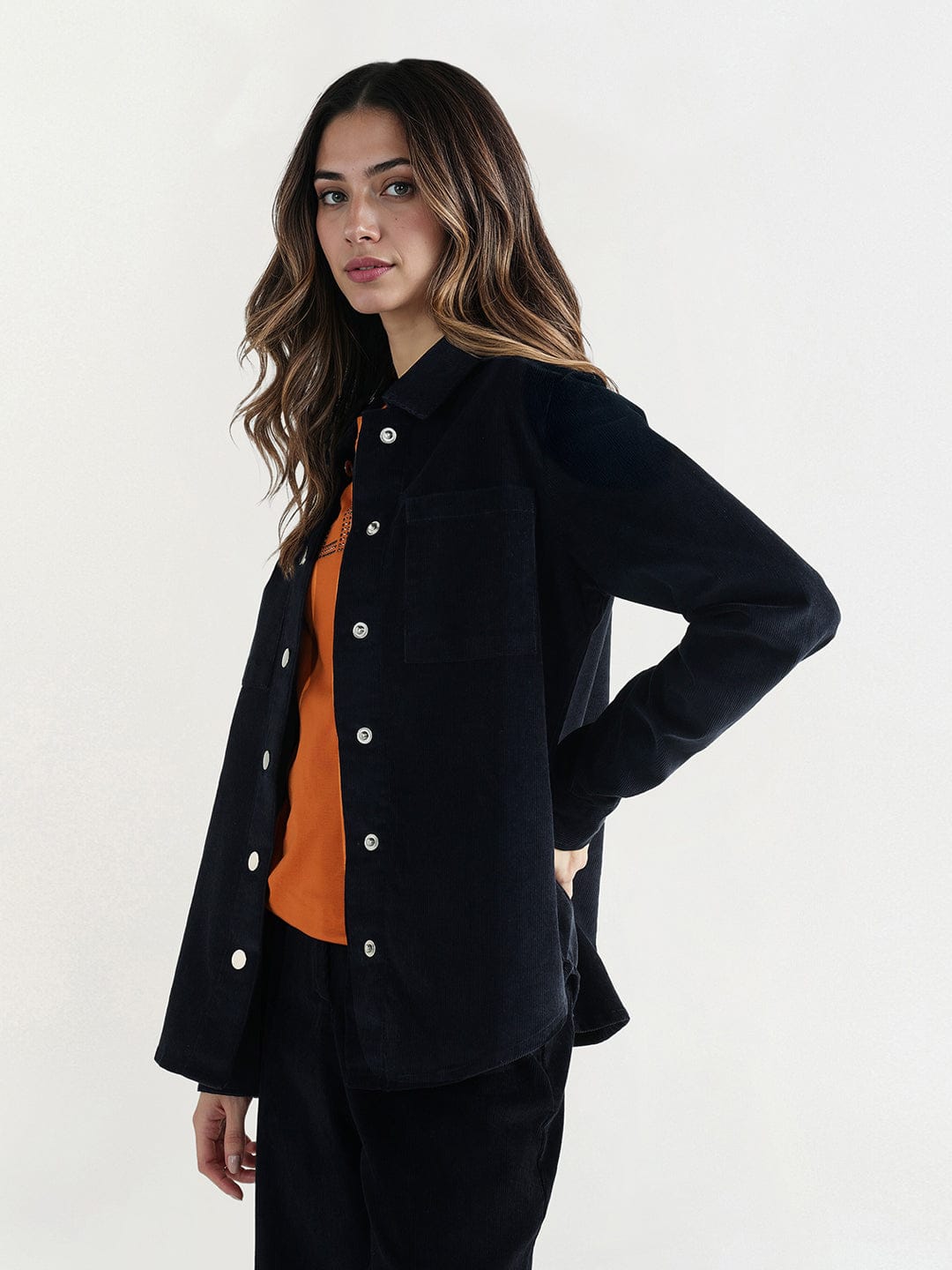 Elle Women Regular Fit Navy Blue Solid Shirt