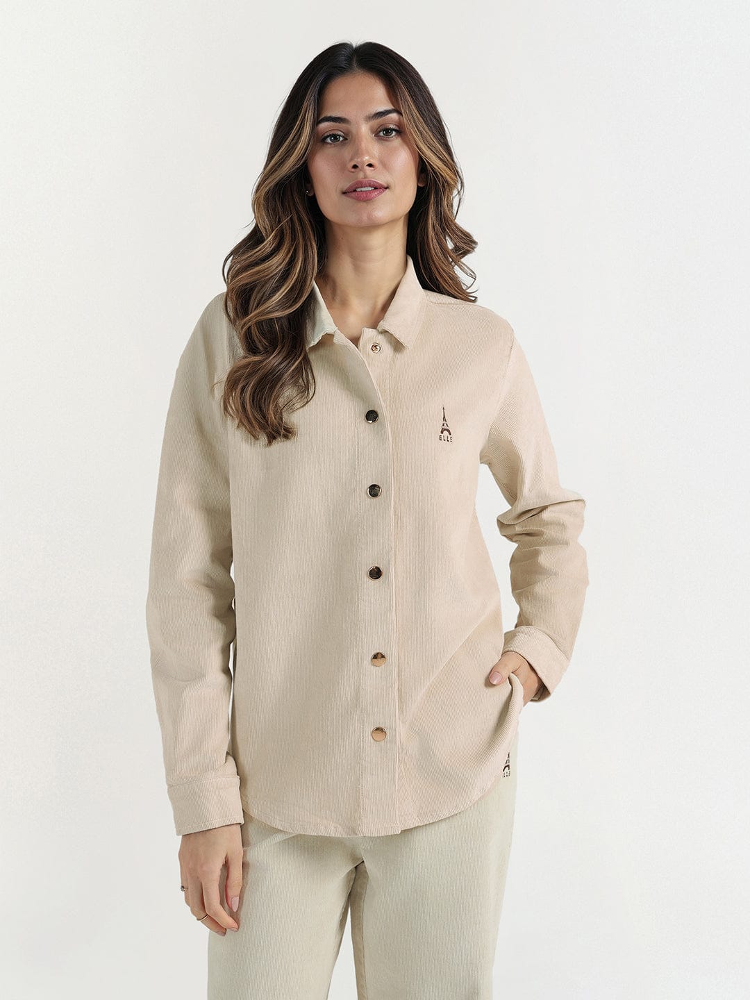 Elle Women Cream Solid Collar Shirt