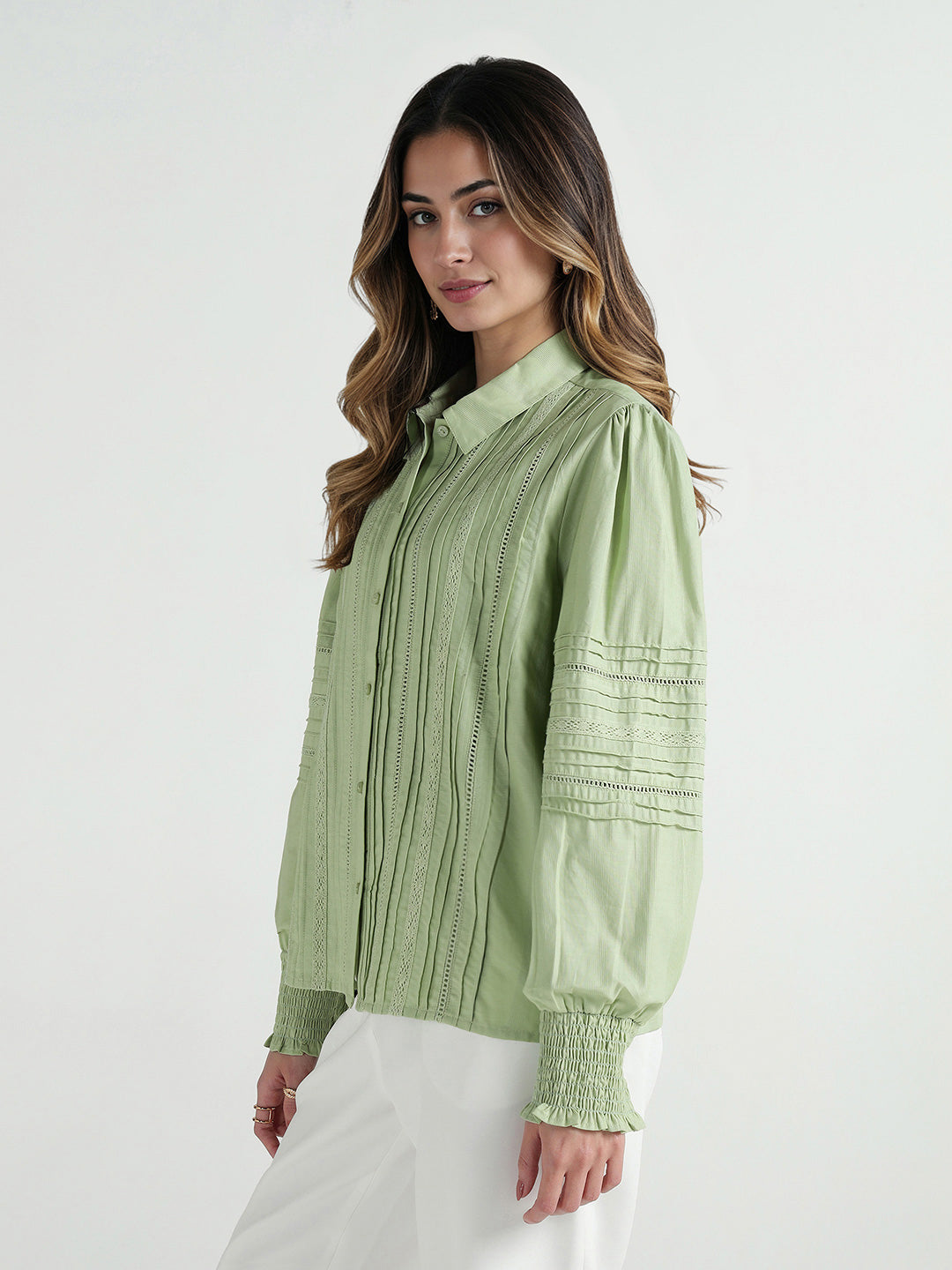Elle Women Green Solid Collar Shirt