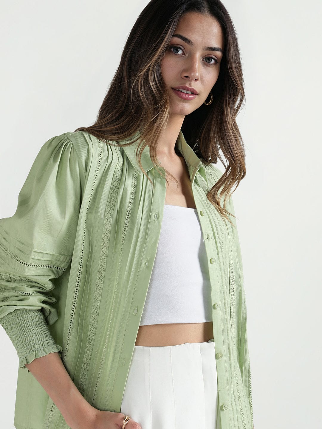 Elle Women Green Solid Collar Shirt