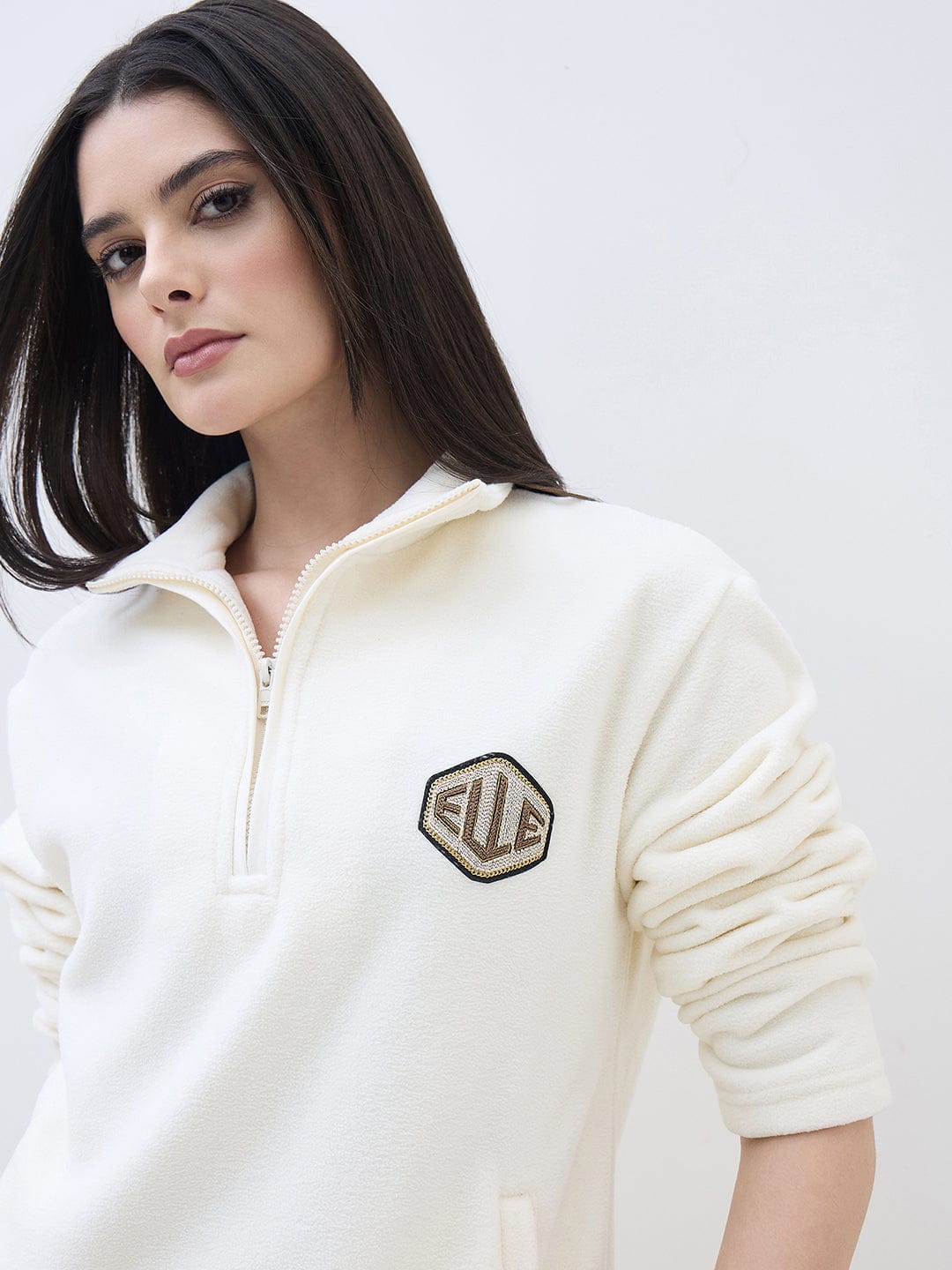 ELLE Women Off White Polo Collar Regular Fit Sweatshirt