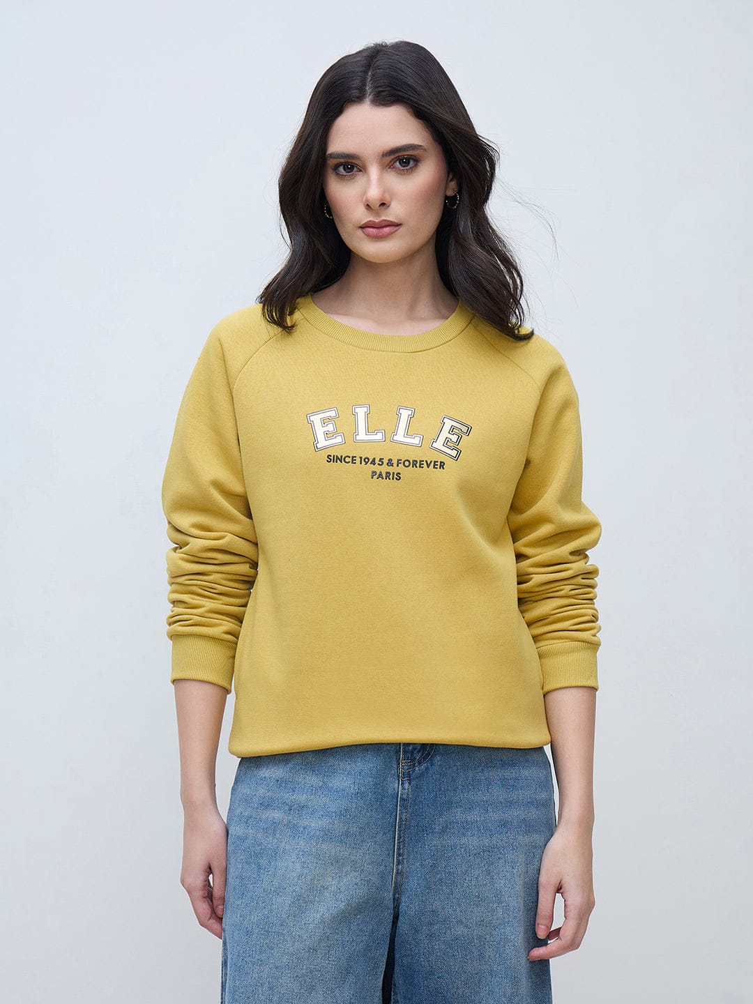 Elle Women Yellow Solid Round Neck Sweatshirt