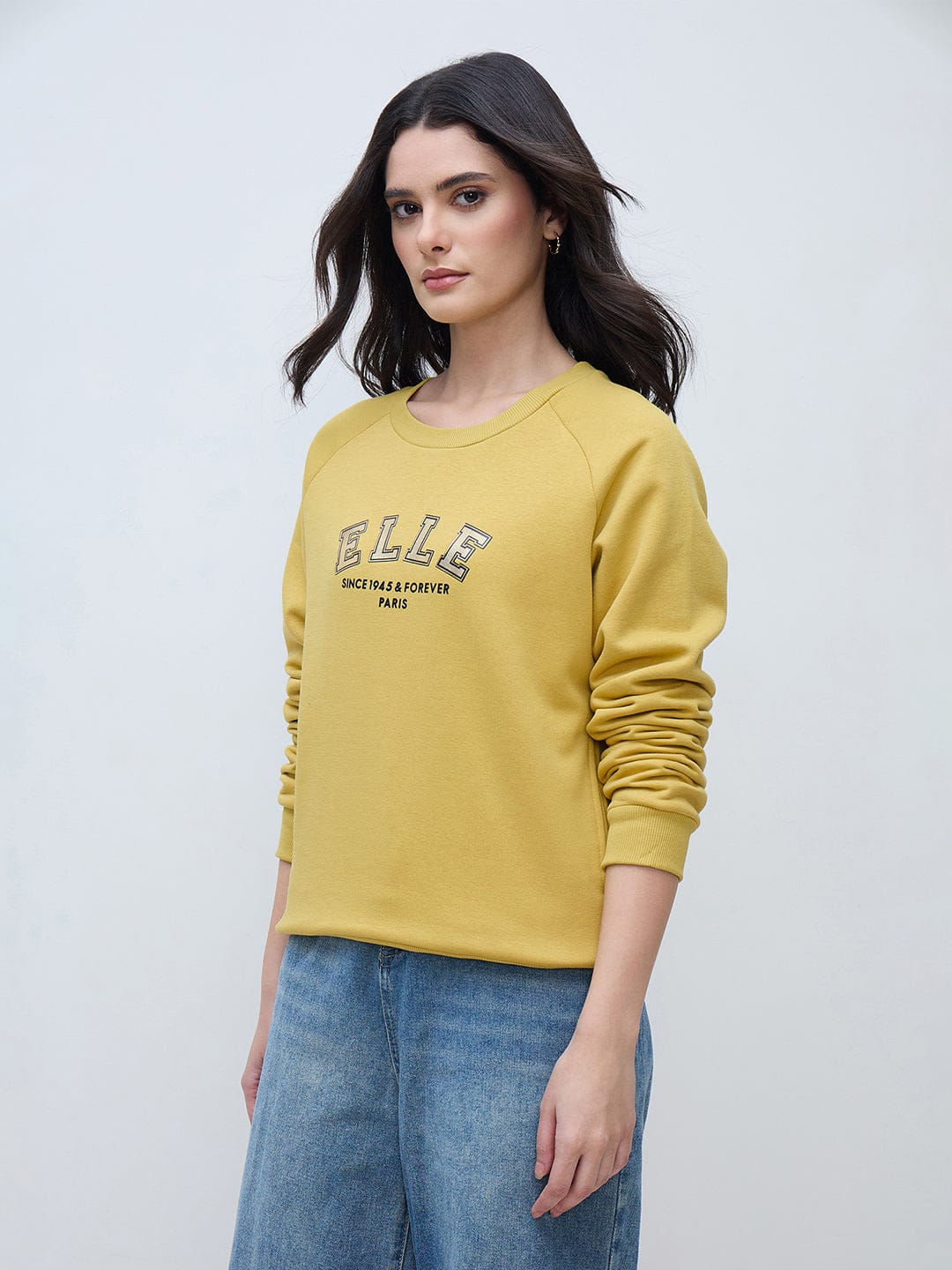 Elle Women Yellow Solid Round Neck Sweatshirt