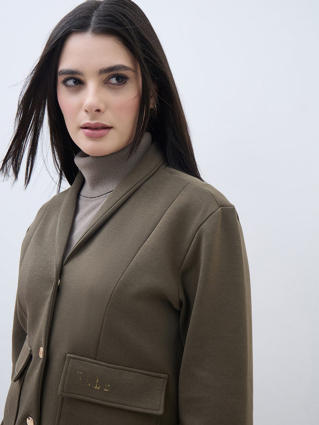 ELLE Women Green Notch Lapel Regular Fit Sweatshirt