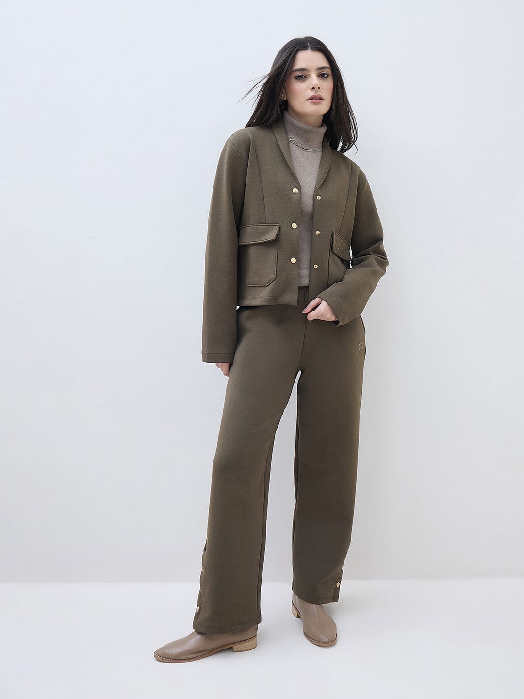 ELLE Women Green Notch Lapel Regular Fit Sweatshirt