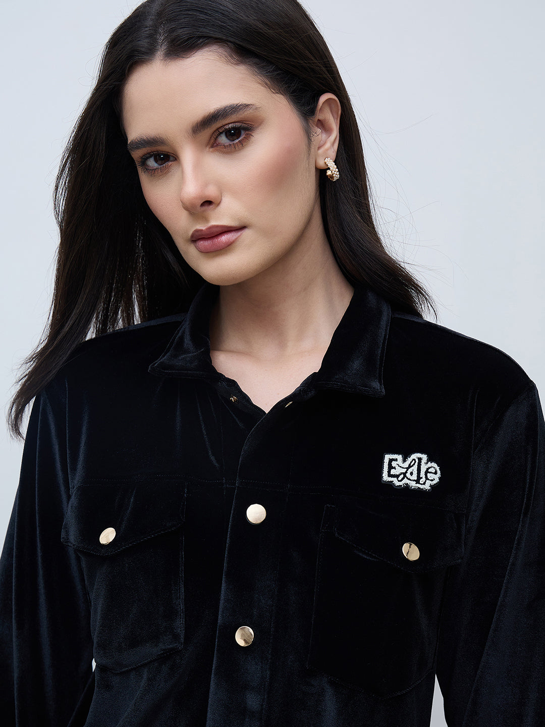 Elle Women Black Solid Collared Sweatshirt