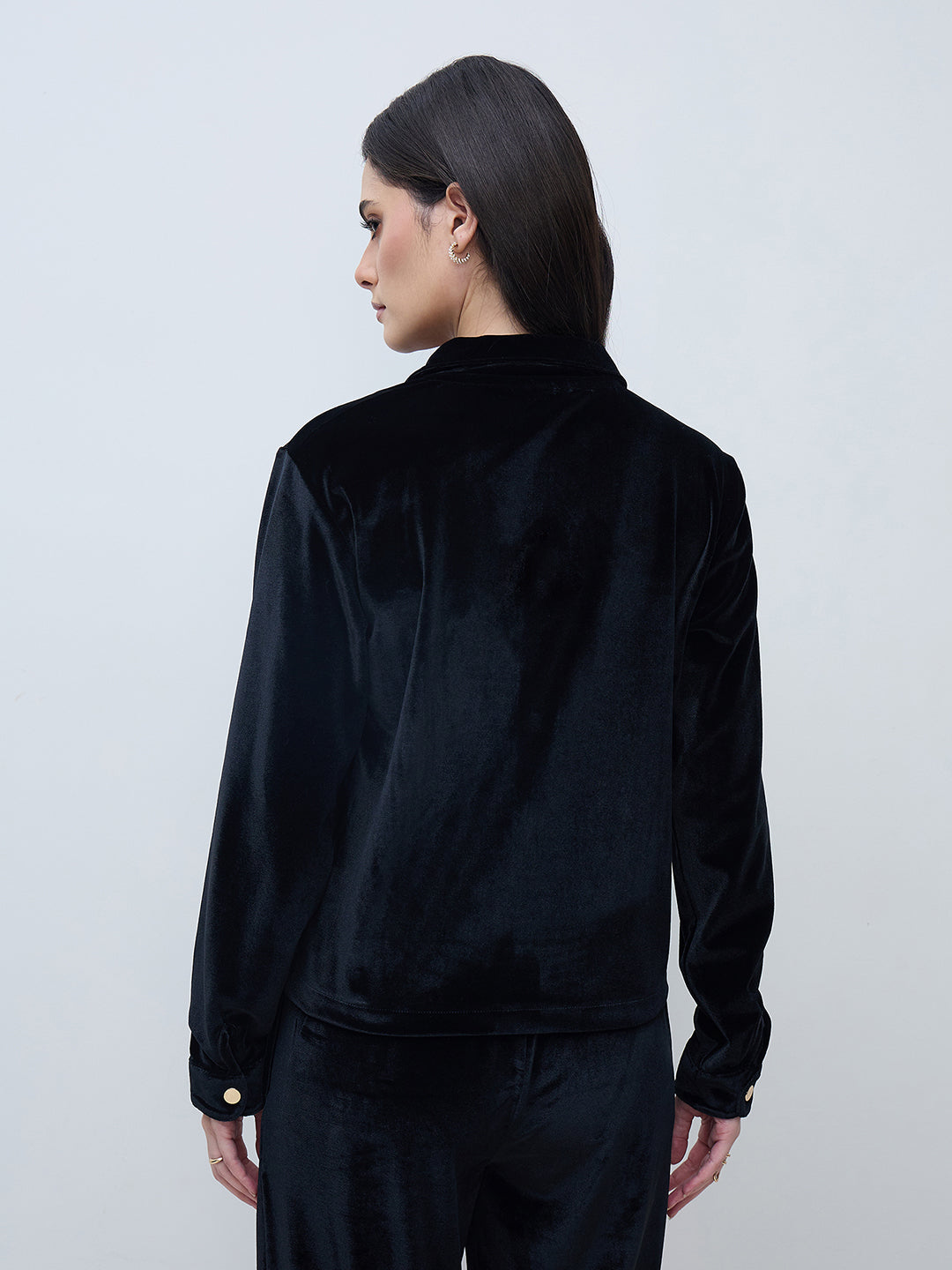 Elle Women Black Solid Collared Sweatshirt