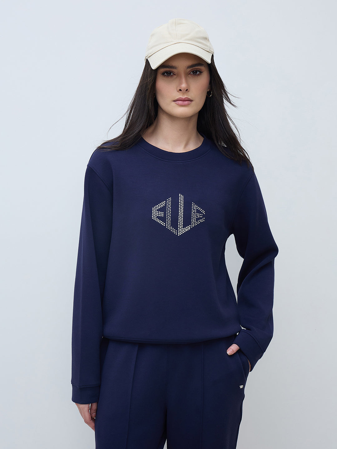 Elle Women Navy Blue Solid Round Neck Sweatshirt