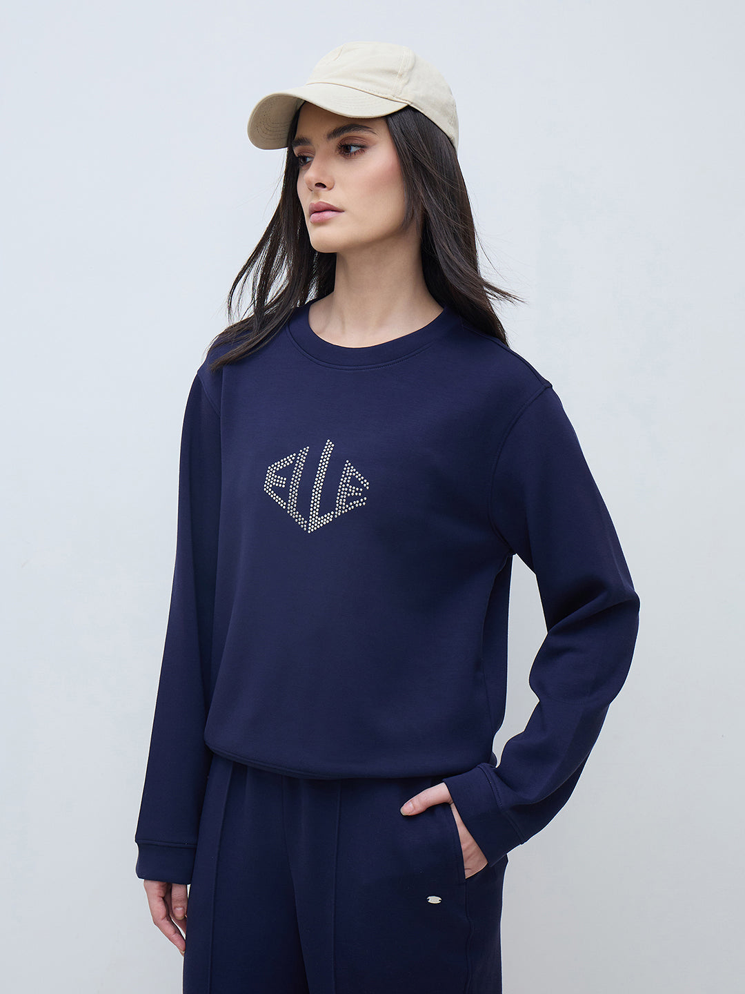 Elle Women Navy Blue Solid Round Neck Sweatshirt