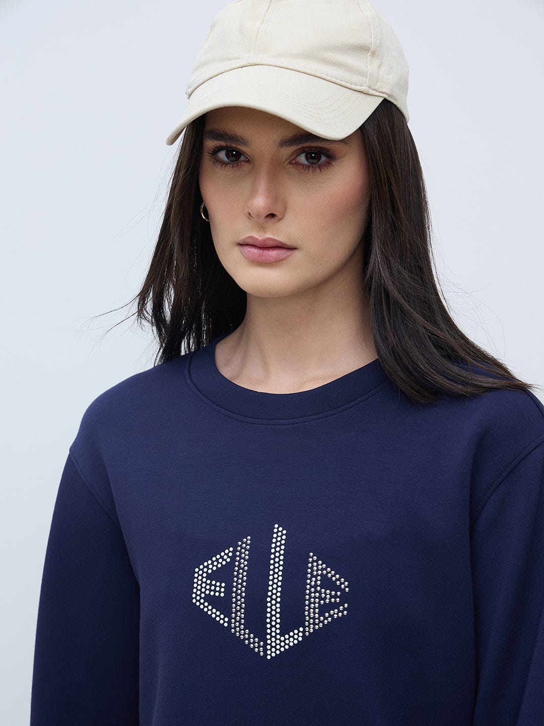 Elle Women Navy Blue Solid Round Neck Sweatshirt