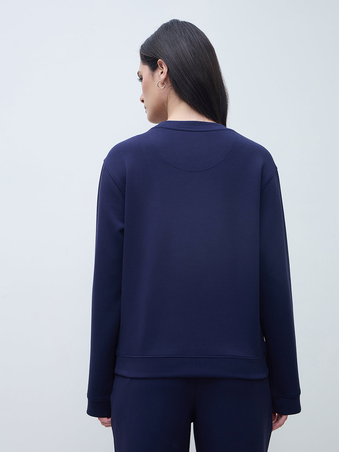 Elle Women Navy Blue Solid Round Neck Sweatshirt