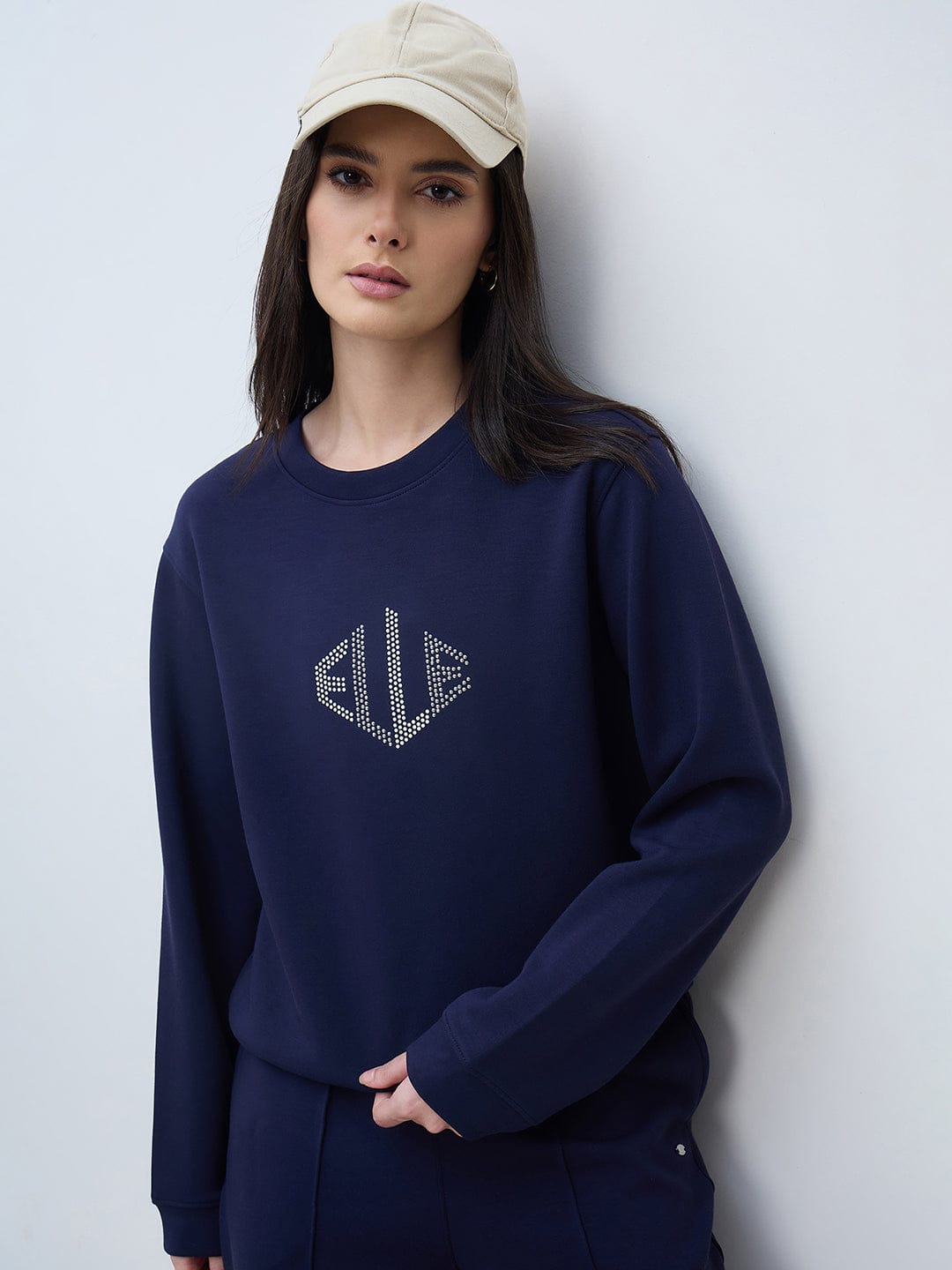 Elle Women Navy Blue Solid Round Neck Sweatshirt