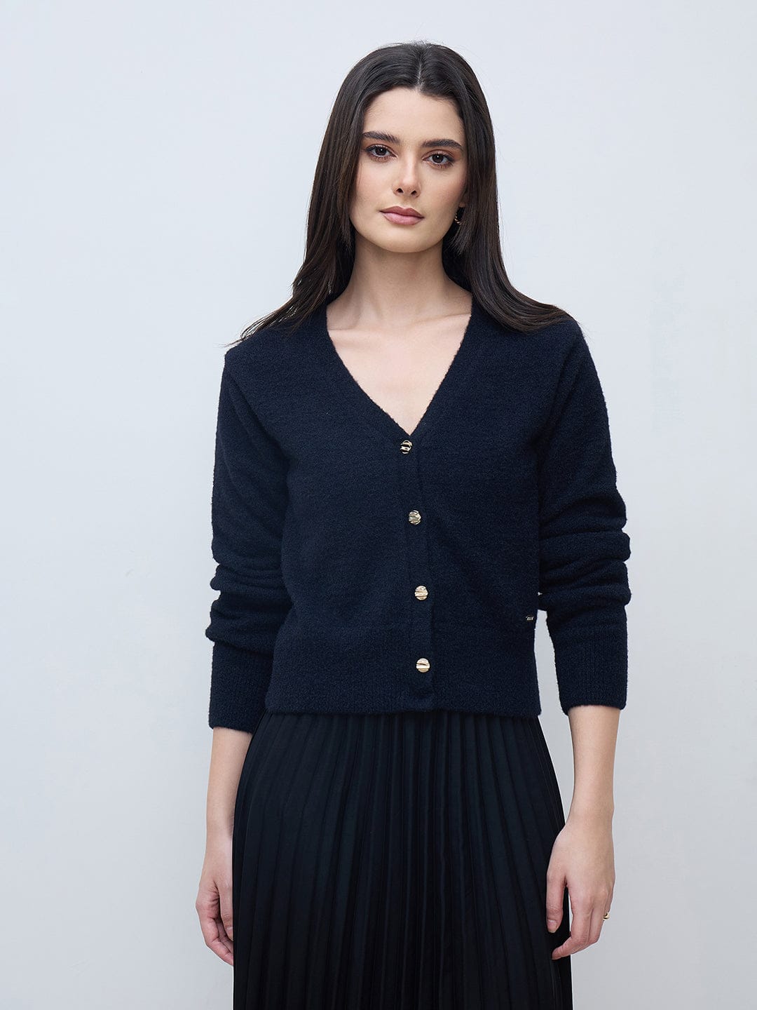 Elle Women Black Textured V Neck Sweater