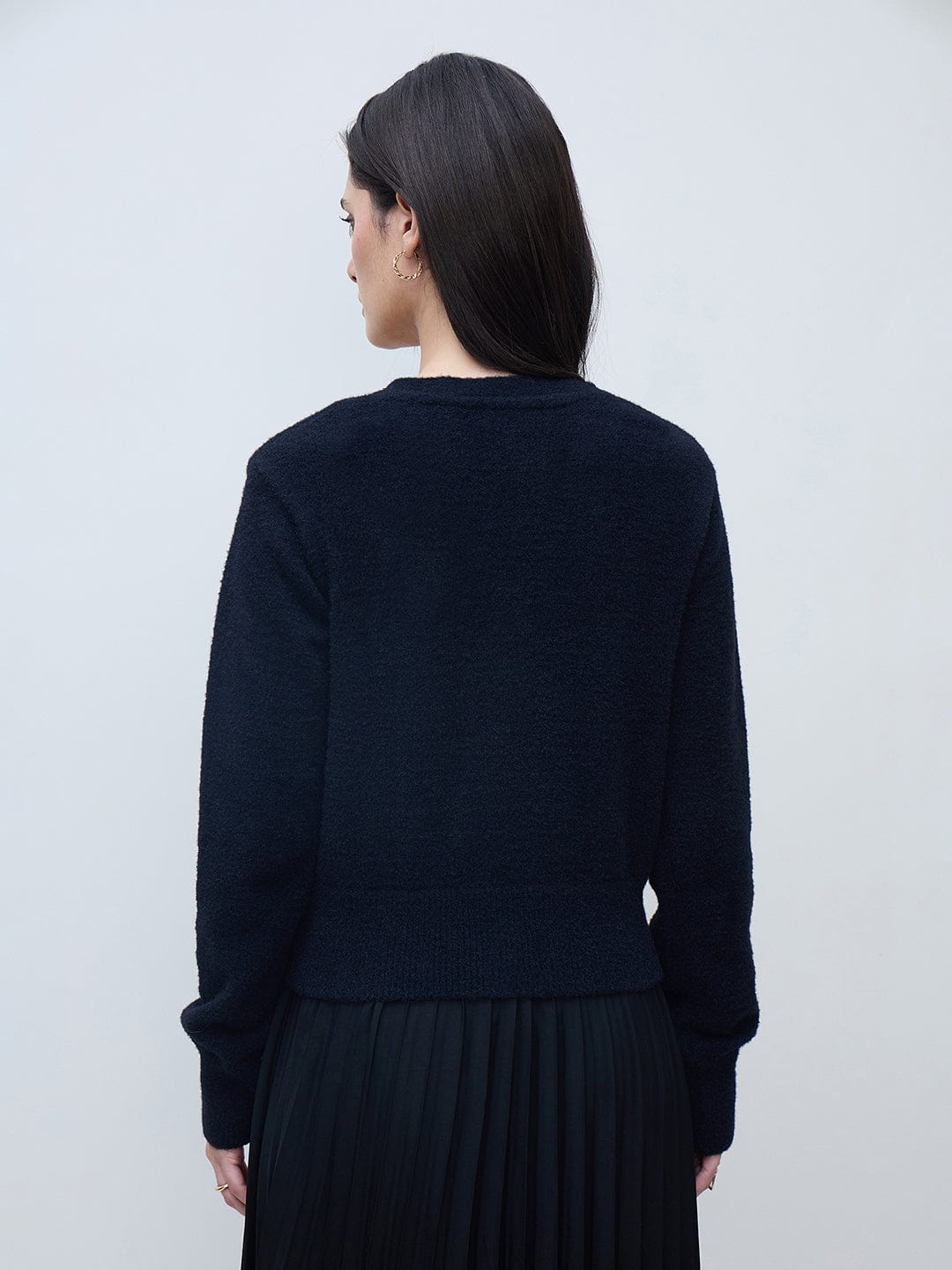 Elle Women Black Textured V Neck Sweater