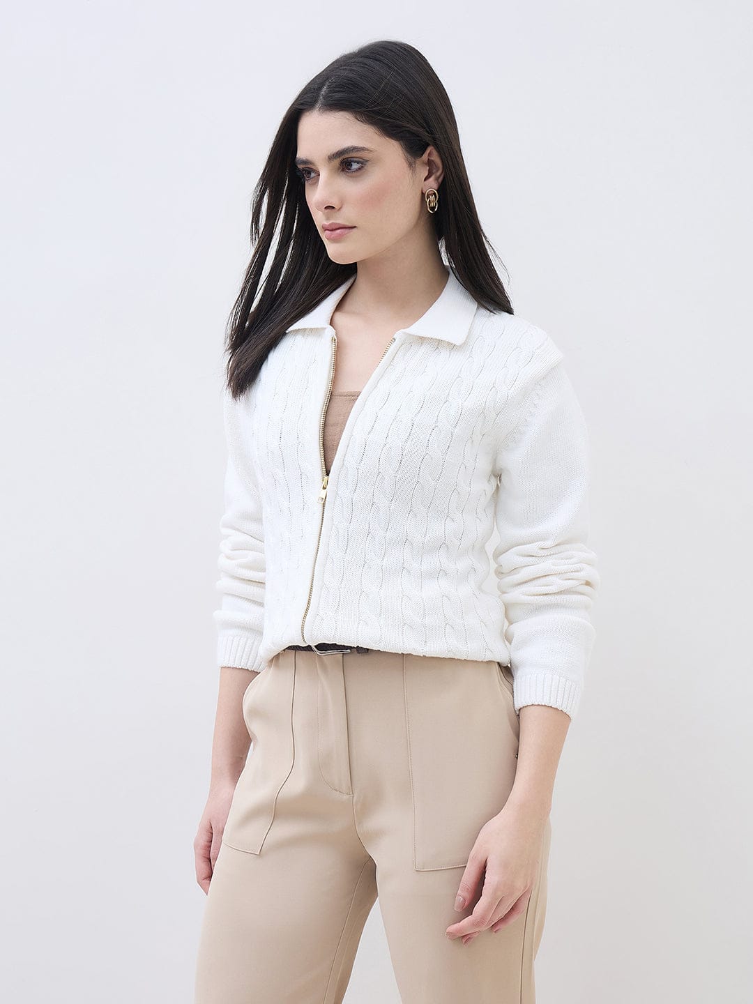 ELLE Women White Textured Polo Collar Regular Fit Sweater