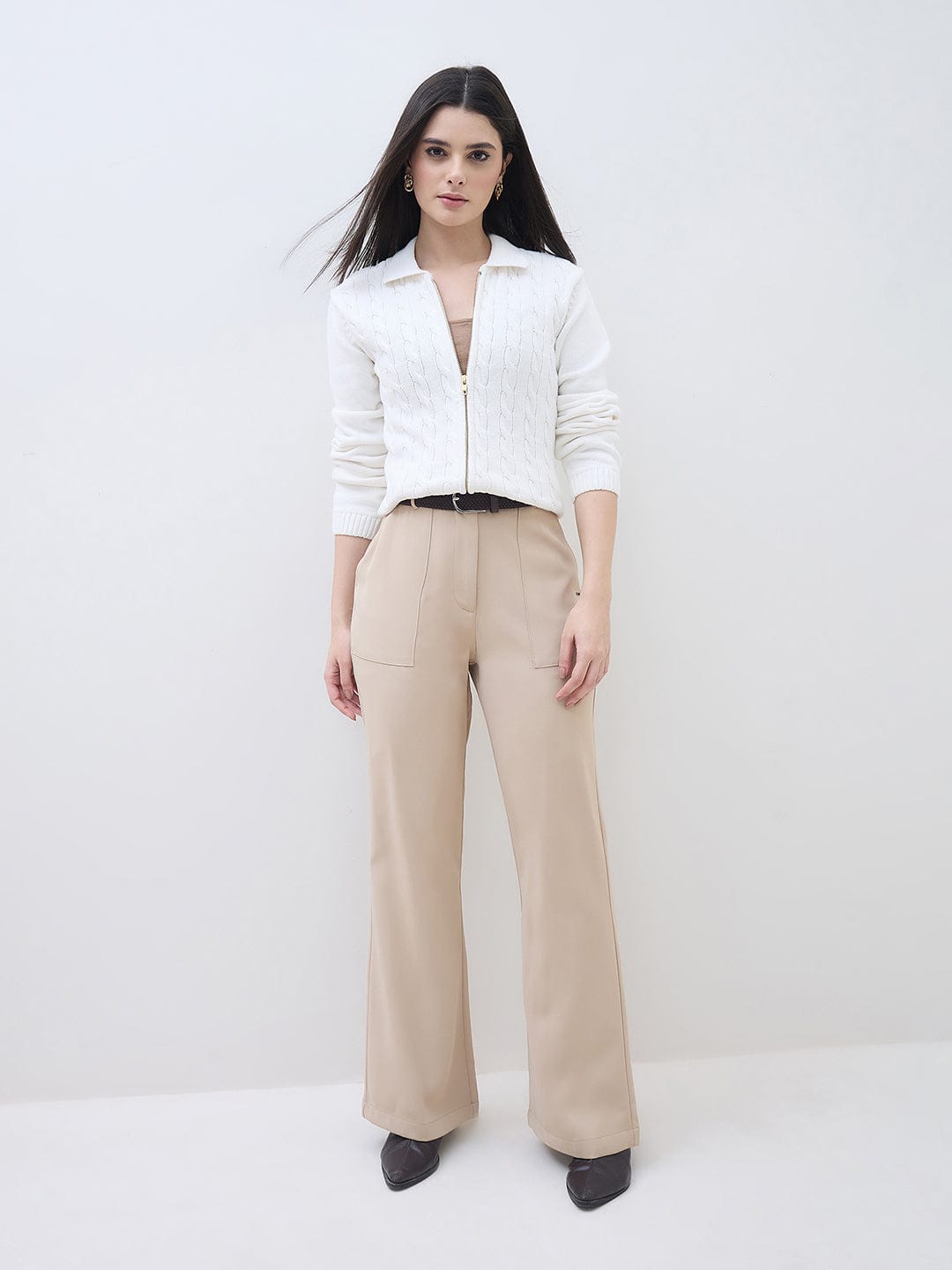 ELLE Women White Textured Polo Collar Regular Fit Sweater