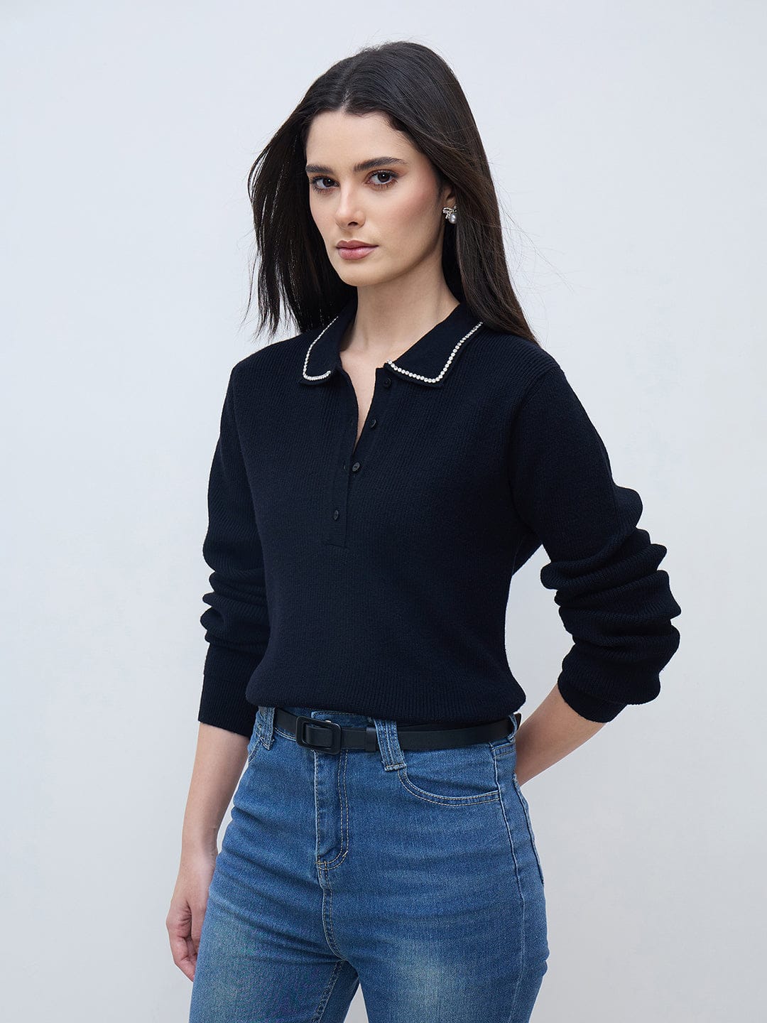 Elle Women Black Solid Collared Sweater