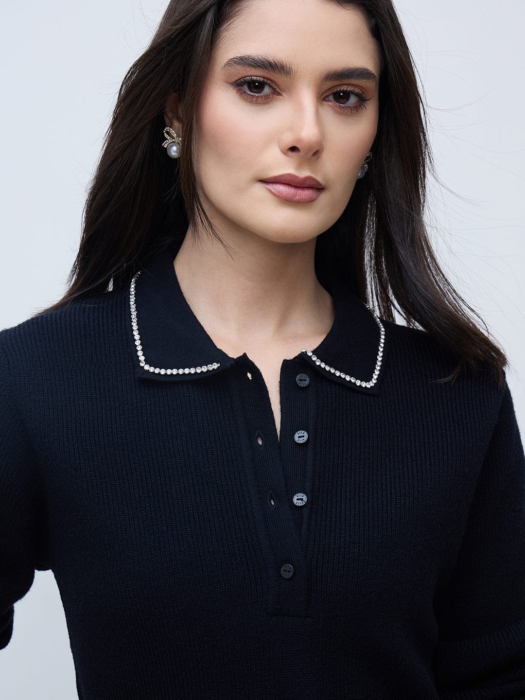 Elle Women Black Solid Collared Sweater