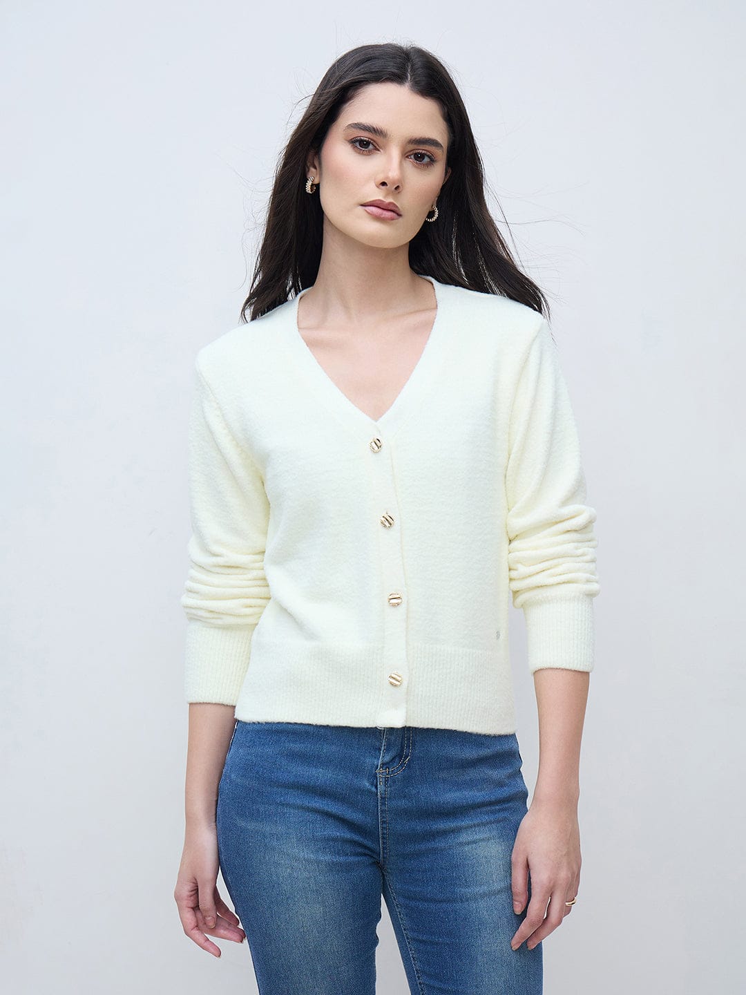 Elle Women Off White Textured V Neck Sweater